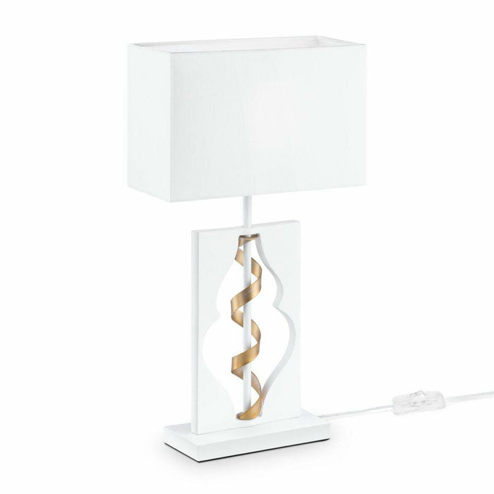 White Table Lamp with Gold Ribbon and White Fabric Shade