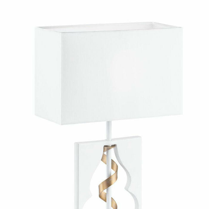 White Table Lamp with Gold Ribbon and White Fabric Shade