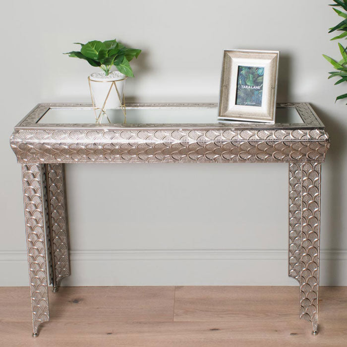 Decorative Silver Console Table with Mirrored Glass Top