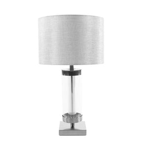 Glass Cylinder Table Lamp in Satin Silver with Grey Shade