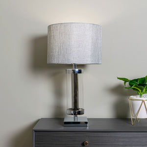 Glass Cylinder Table Lamp in Satin Silver with Grey Shade