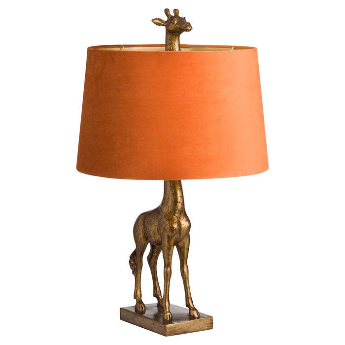 Giraffe Table Lamp in Antique Gold with Orange Lamp Shade