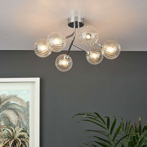 Yiska Semi Flush 6 Light Polished Chrome Ribbed Glass