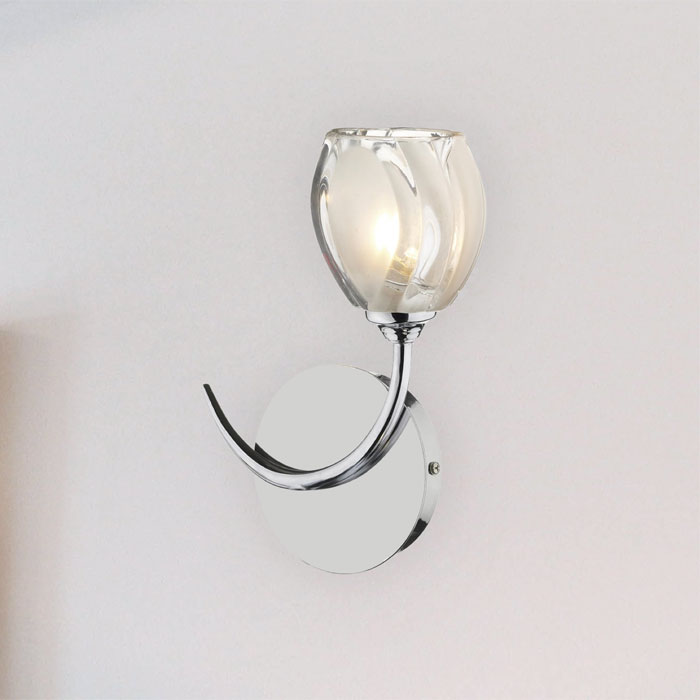 Curved Polished Chrome Single Wall Light with Sculptured Glass Shade